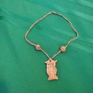 Rustic Carved Owl Bird Charm Pendant Necklace Brown Earthy Bead Cord OOAK